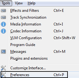 Preferences in the menu VLC Tools Preferences