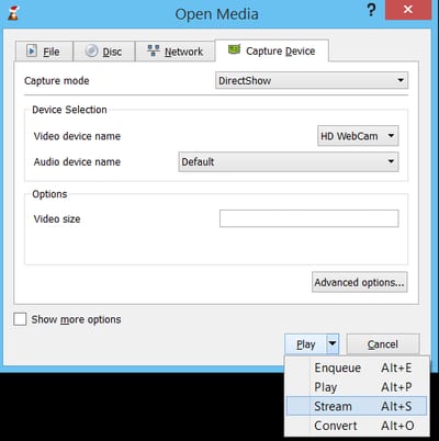 Webcam Capture Options in VLC Webcam Capture Options