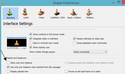 Allow only one instance unchecked Option to Allow Single Instance of VLC