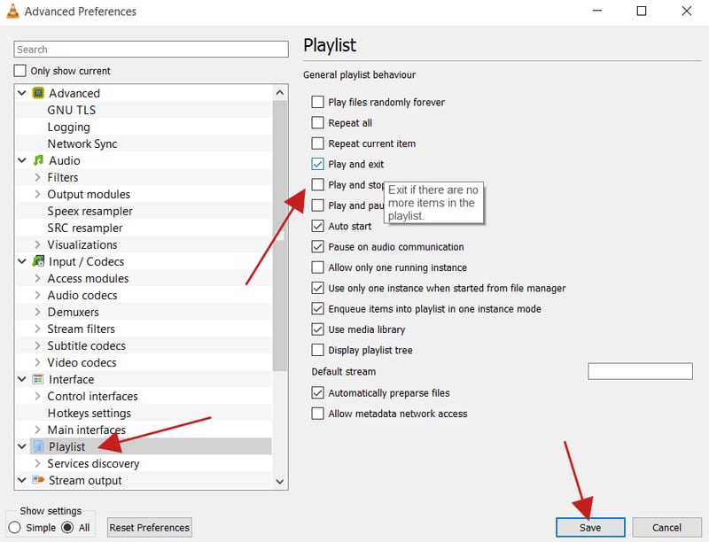 Playlist Preferences in VLC