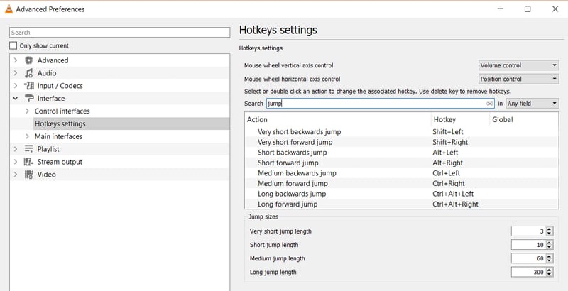 Jump Hotkey Settings in VLC Jump Hotkey Settings in VLC